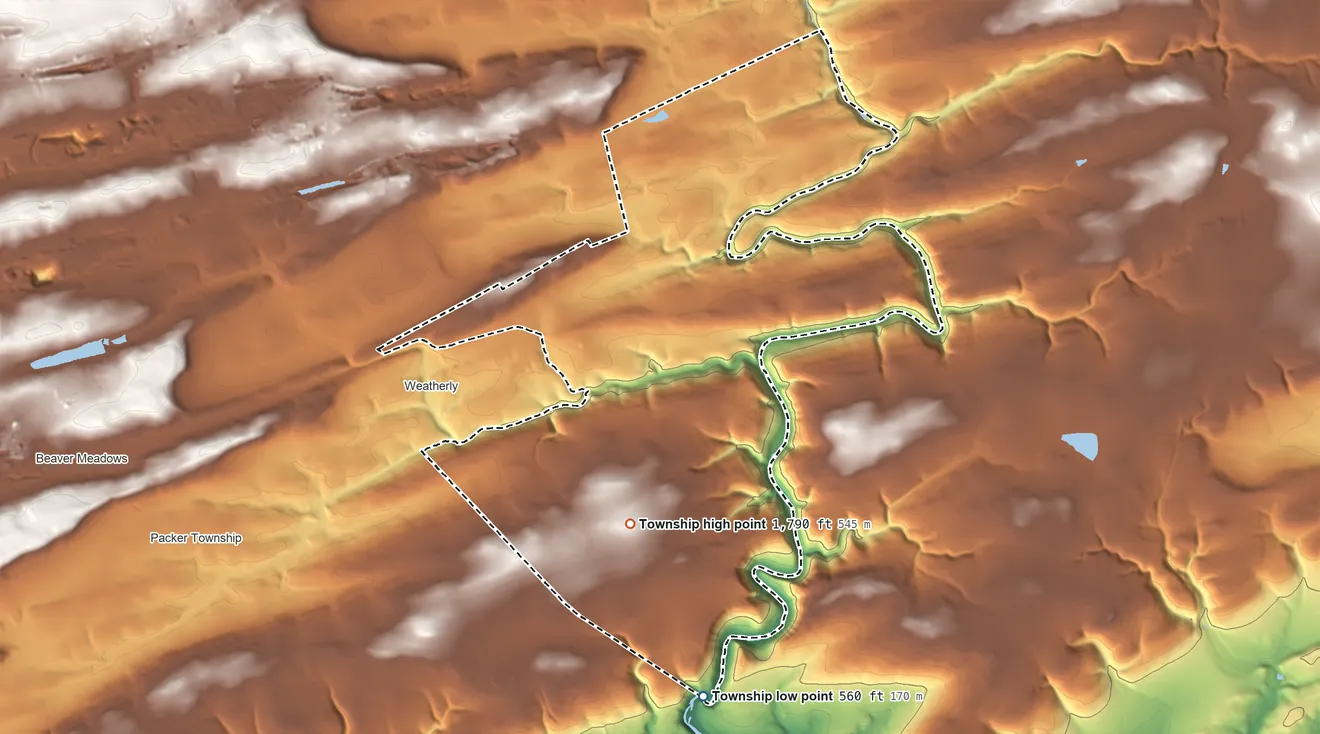 Topographic elevation map of Lehigh Township, Carbon County, Pennsylvania, shaded from 560 ft on the south side to 1,790 ft on the south side