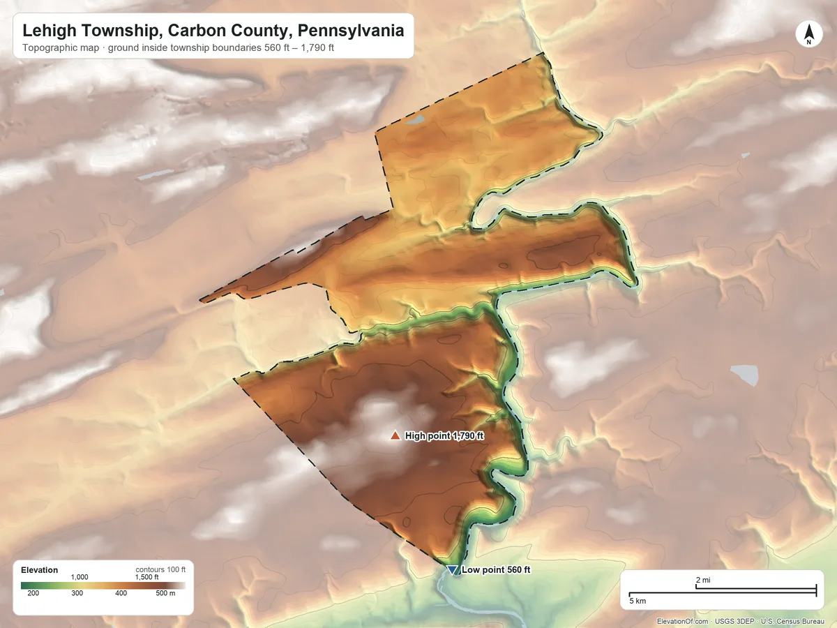Topographic elevation map of Lehigh Township, Carbon County, Pennsylvania, shaded from 560 ft on the south side to 1,790 ft on the south side