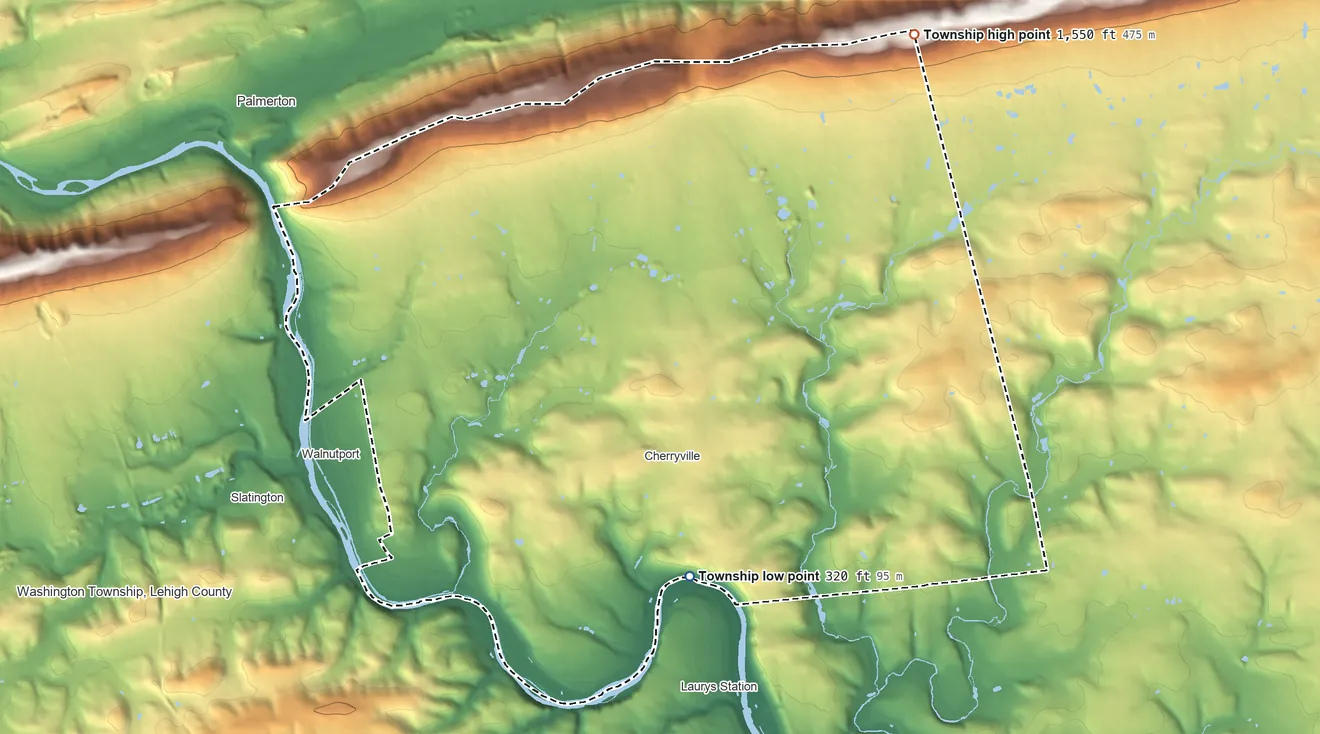 Topographic elevation map of Lehigh Township, Pennsylvania, shaded from 320 ft on the south side to 1,550 ft on the northeast side