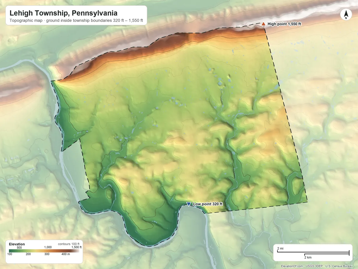 Topographic elevation map of Lehigh Township, Pennsylvania, shaded from 320 ft on the south side to 1,550 ft on the northeast side