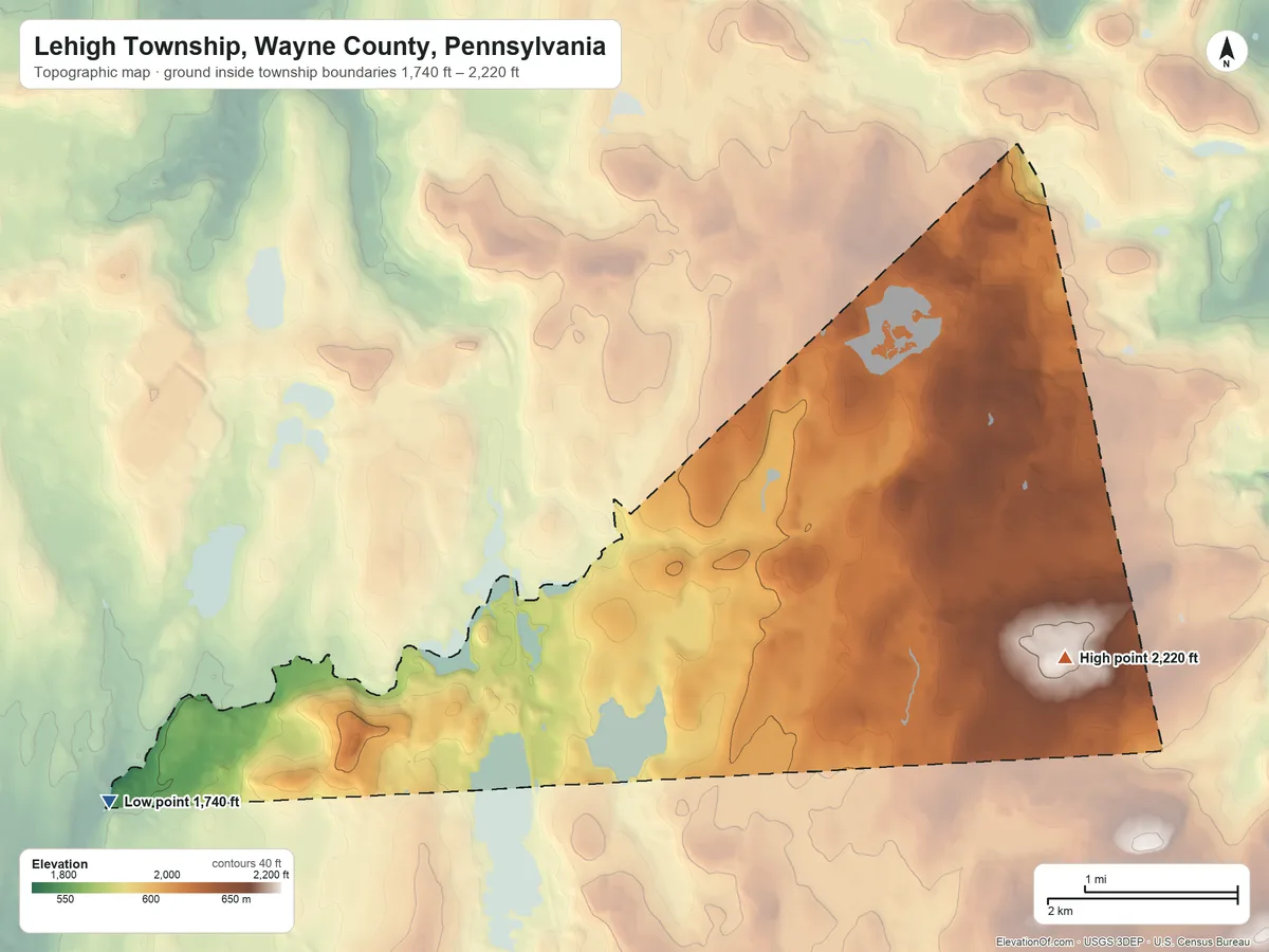 Topographic elevation map of Lehigh Township, Wayne County, Pennsylvania, shaded from 1,740 ft on the west side to 2,220 ft on the southeast side