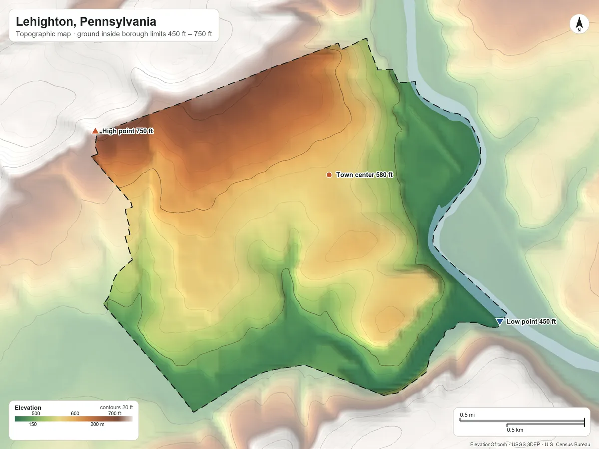 Topographic elevation map of Lehighton, Pennsylvania, shaded from 450 ft on the southeast side to 750 ft at the foot of the Indian Hills