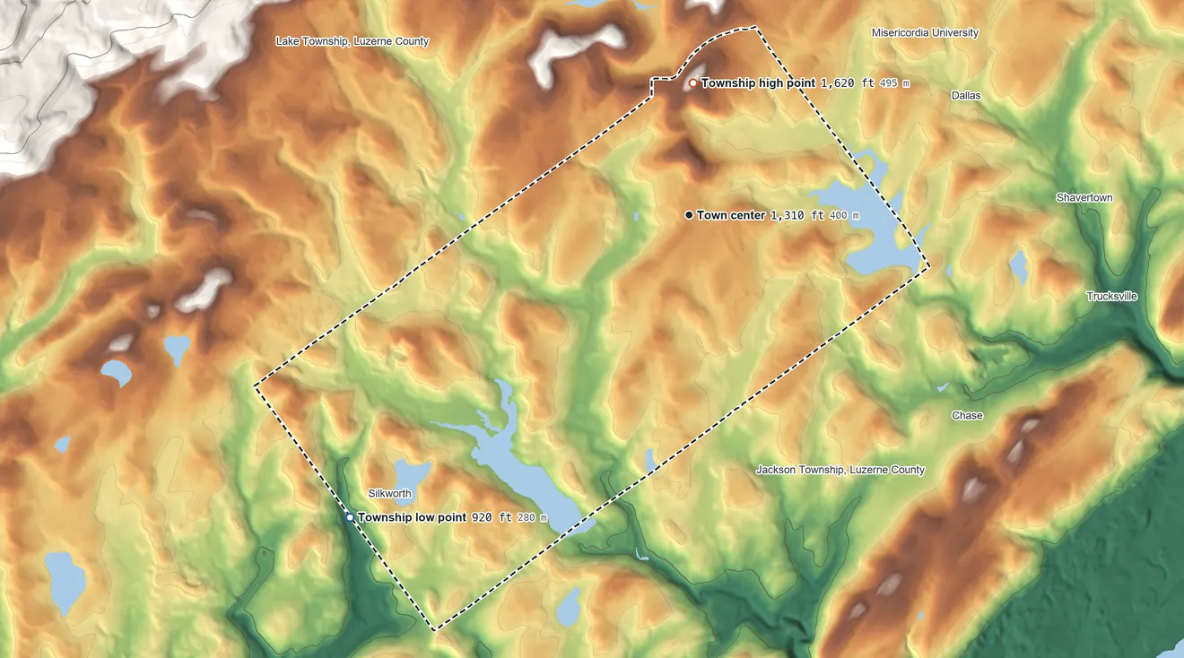 Topographic elevation map of Lehman Township, Luzerne County, Pennsylvania, shaded from 920 ft on the southwest side to 1,620 ft on the north side