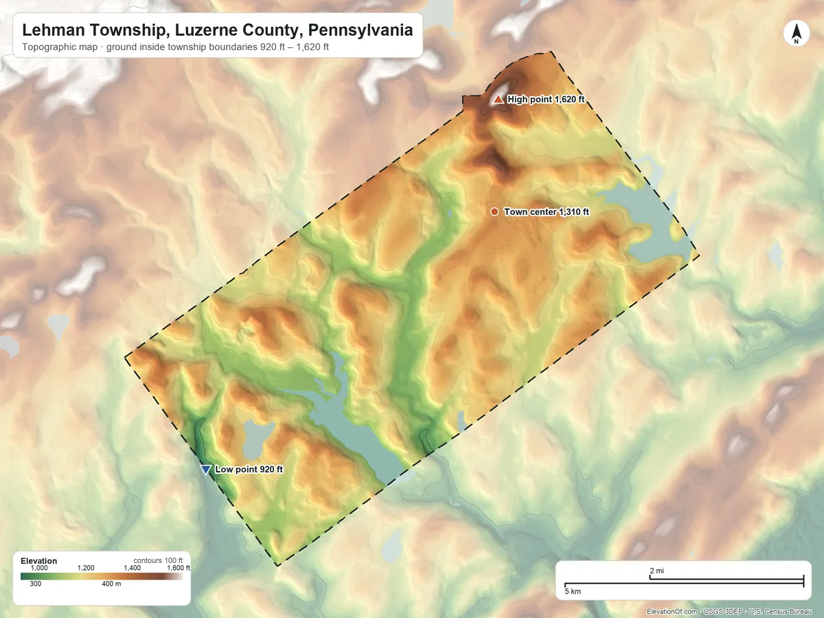 Topographic elevation map of Lehman Township, Luzerne County, Pennsylvania, shaded from 920 ft on the southwest side to 1,620 ft on the north side