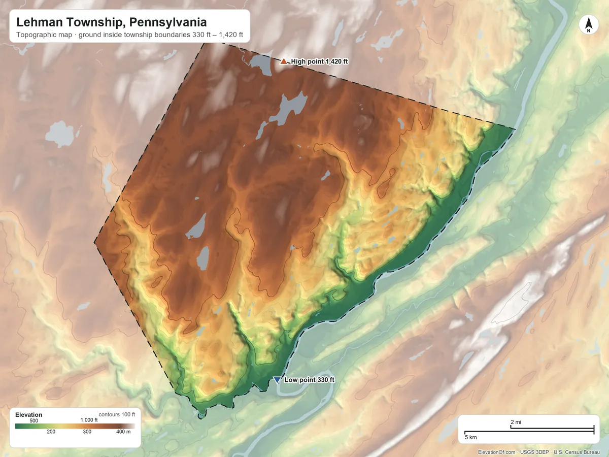 Topographic elevation map of Lehman Township, Pennsylvania, shaded from 330 ft on the southeast side to 1,420 ft on the north side