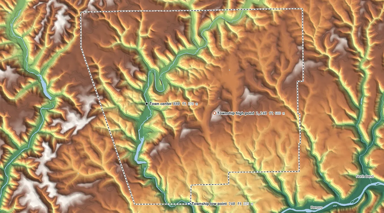 Topographic elevation map of Leidy Township, Pennsylvania, shaded from 740 ft on the southeast side to 2,240 ft on the east side