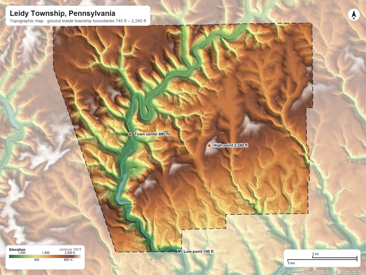 Topographic elevation map of Leidy Township, Pennsylvania, shaded from 740 ft on the southeast side to 2,240 ft on the east side