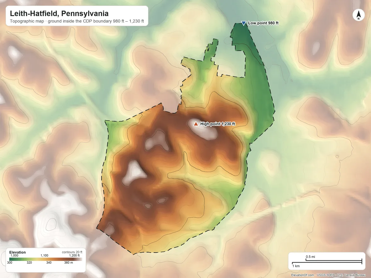 Topographic elevation map of Leith-Hatfield, Pennsylvania, shaded from 980 ft on the northeast side to 1,230 ft near the middle