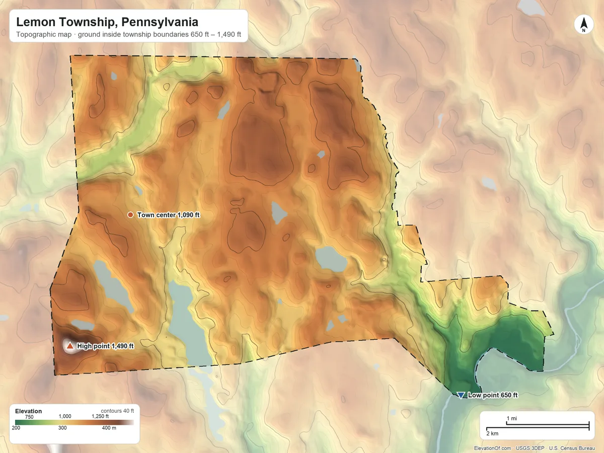 Topographic elevation map of Lemon Township, Pennsylvania, shaded from 650 ft on the southeast side to 1,490 ft on Kintner Hill