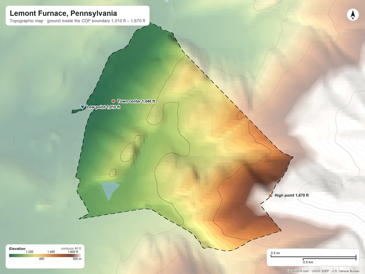 Topographic elevation map of Lemont Furnace, Pennsylvania, shaded from 1,010 ft near the middle to 1,670 ft on the southeast edge, below higher ground just outside