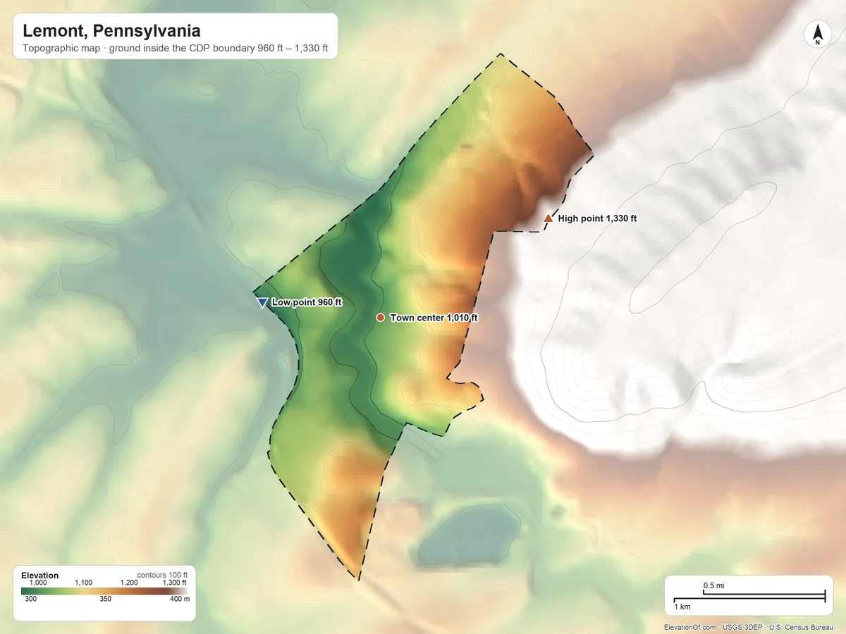 Topographic elevation map of Lemont, Pennsylvania, shaded from 960 ft on the west side to 1,330 ft on the northeast edge, below higher ground just outside