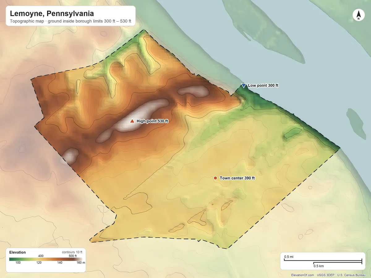 Topographic elevation map of Lemoyne, Pennsylvania, shaded from 300 ft on the north side to 530 ft on the northwest side