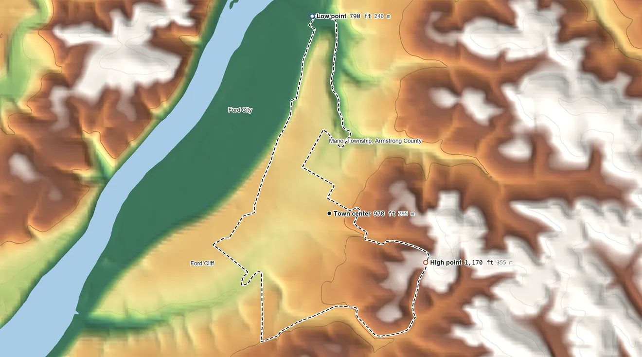Topographic elevation map of Lenape Heights, Pennsylvania, shaded from 790 ft on the north side to 1,170 ft on the southeast side