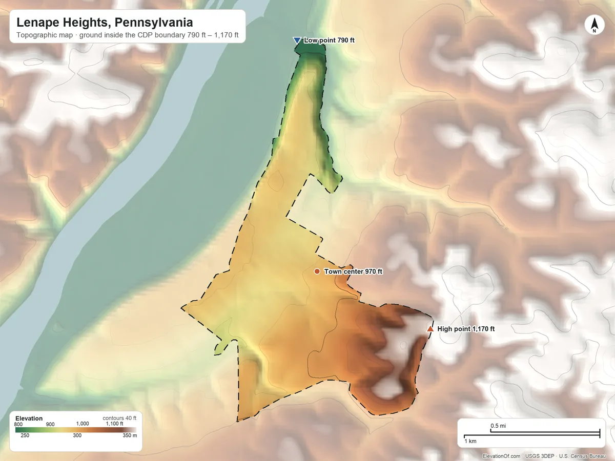 Topographic elevation map of Lenape Heights, Pennsylvania, shaded from 790 ft on the north side to 1,170 ft on the southeast side