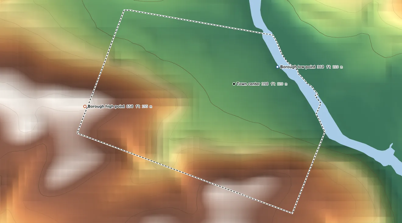 Topographic elevation map of Lenhartsville, Pennsylvania, shaded from 360 ft on the east side to 650 ft on the west side
