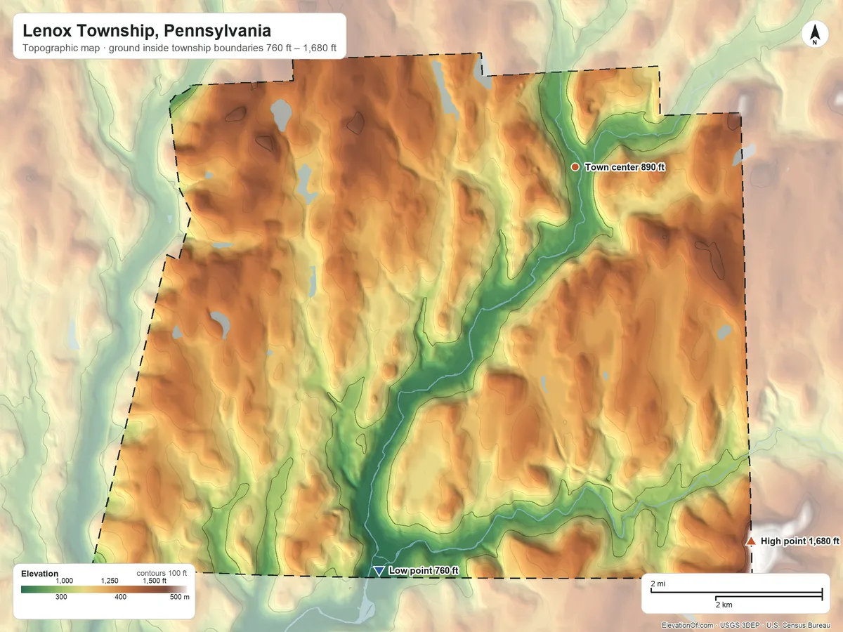 Topographic elevation map of Lenox Township, Pennsylvania, shaded from 760 ft on the southwest side to 1,680 ft on the southeast edge, below higher ground just outside