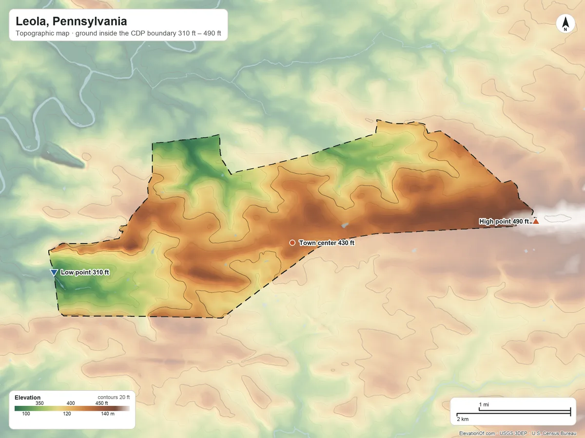 Topographic elevation map of Leola, Pennsylvania, shaded from 310 ft on the west side to 490 ft on the east side