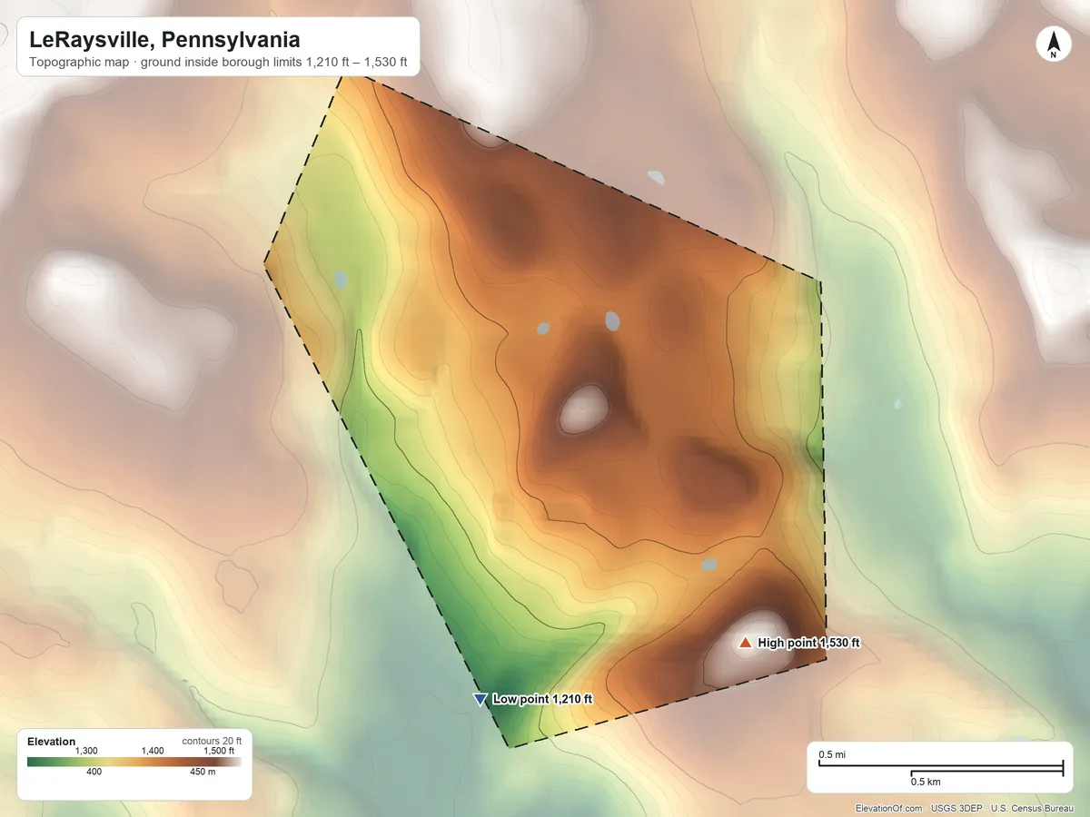 Topographic elevation map of LeRaysville, Pennsylvania, shaded from 1,210 ft on the south side to 1,530 ft on the southeast side