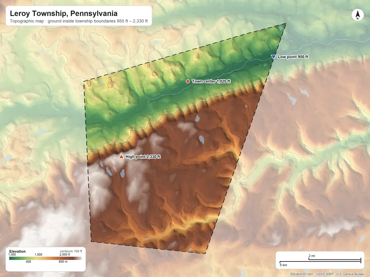 Topographic elevation map of Leroy Township, Pennsylvania, shaded from 950 ft on the east side to 2,330 ft on the southwest side