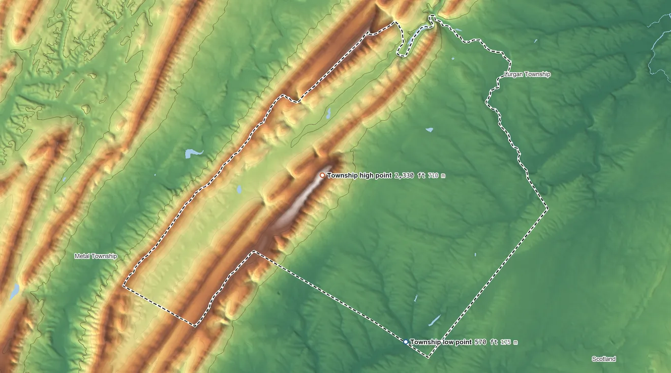 Topographic elevation map of Letterkenny Township, Pennsylvania, shaded from 570 ft on the south side to 2,330 ft on Clarks Knob