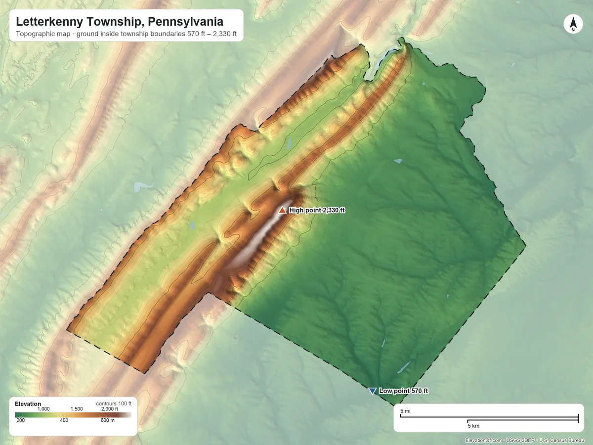 Topographic elevation map of Letterkenny Township, Pennsylvania, shaded from 570 ft on the south side to 2,330 ft on Clarks Knob