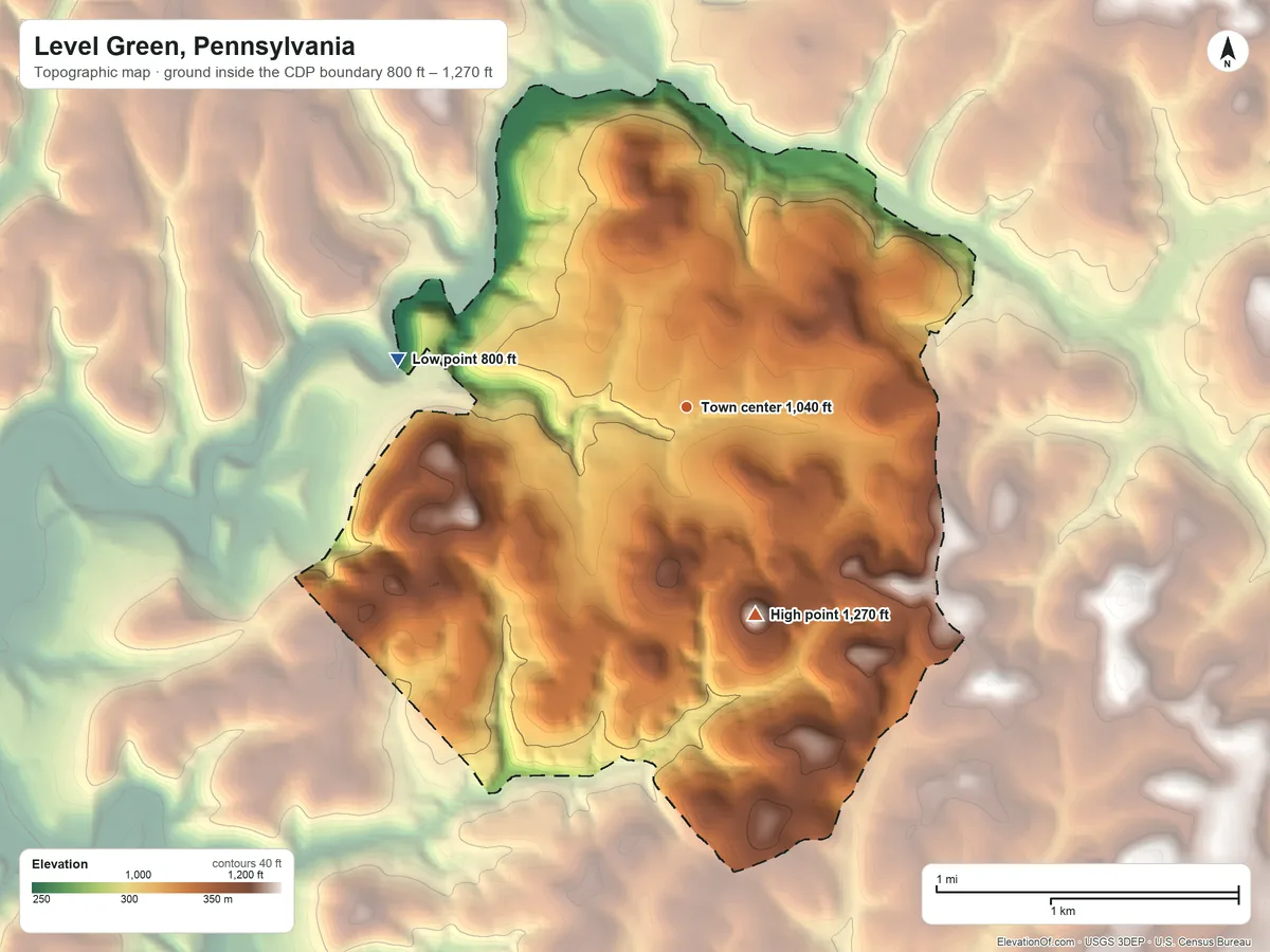 Topographic elevation map of Level Green, Pennsylvania, shaded from 800 ft on the west side to 1,270 ft on the south side
