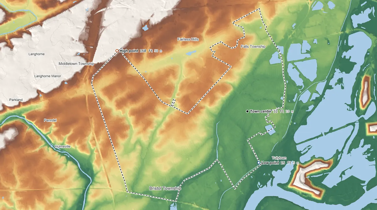 Topographic elevation map of Levittown, Pennsylvania, shaded from 15 ft on the south side to 160 ft on the northwest side