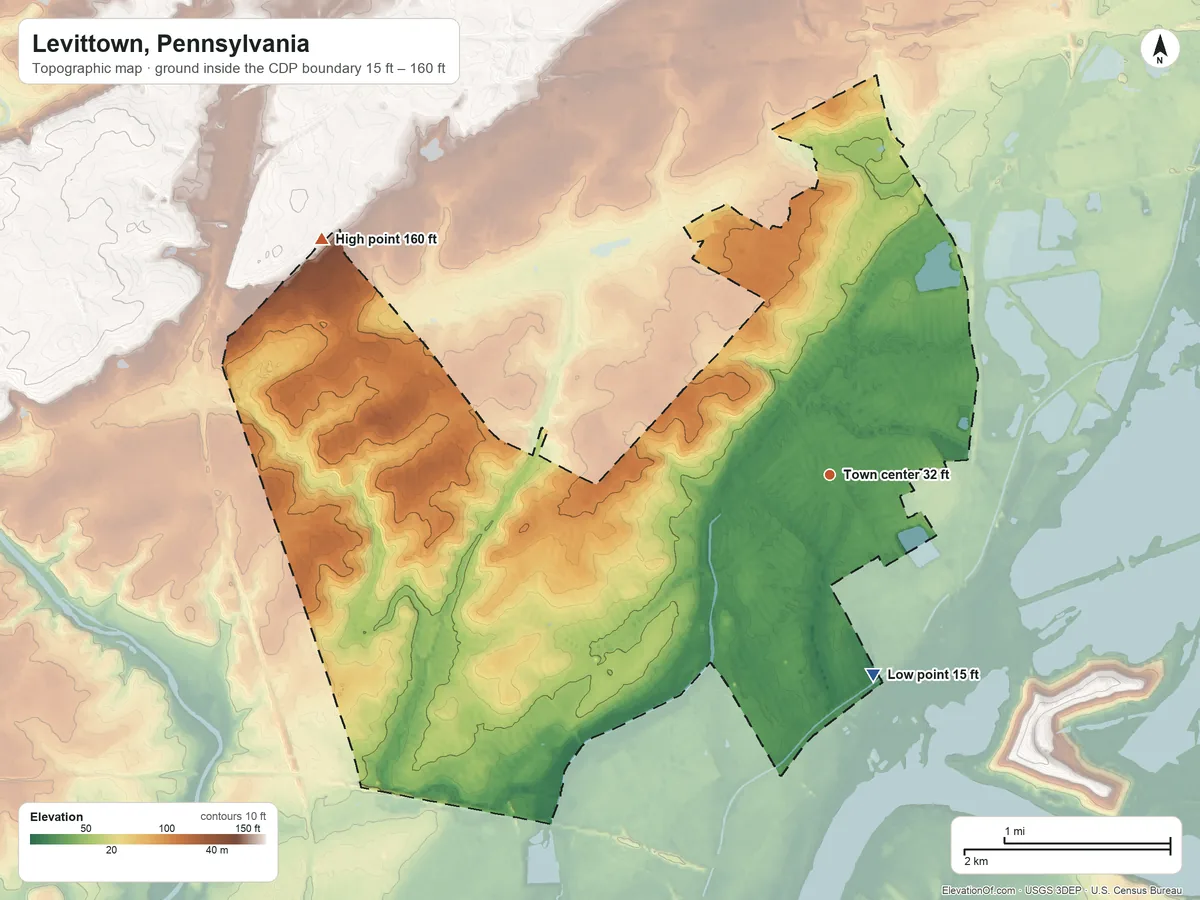 Topographic elevation map of Levittown, Pennsylvania, shaded from 15 ft on the south side to 160 ft on the northwest side