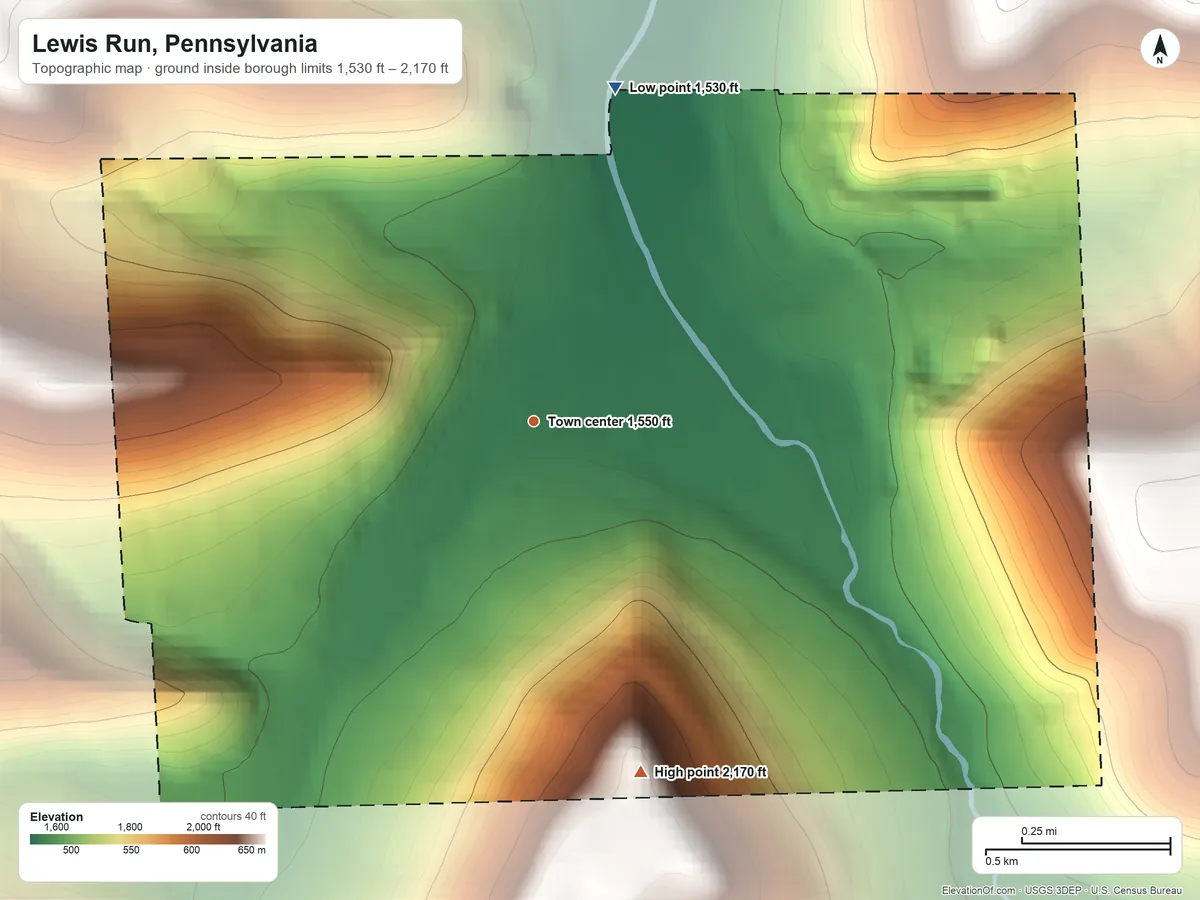 Topographic elevation map of Lewis Run, Pennsylvania, shaded from 1,530 ft on the north side to 2,170 ft on the south side