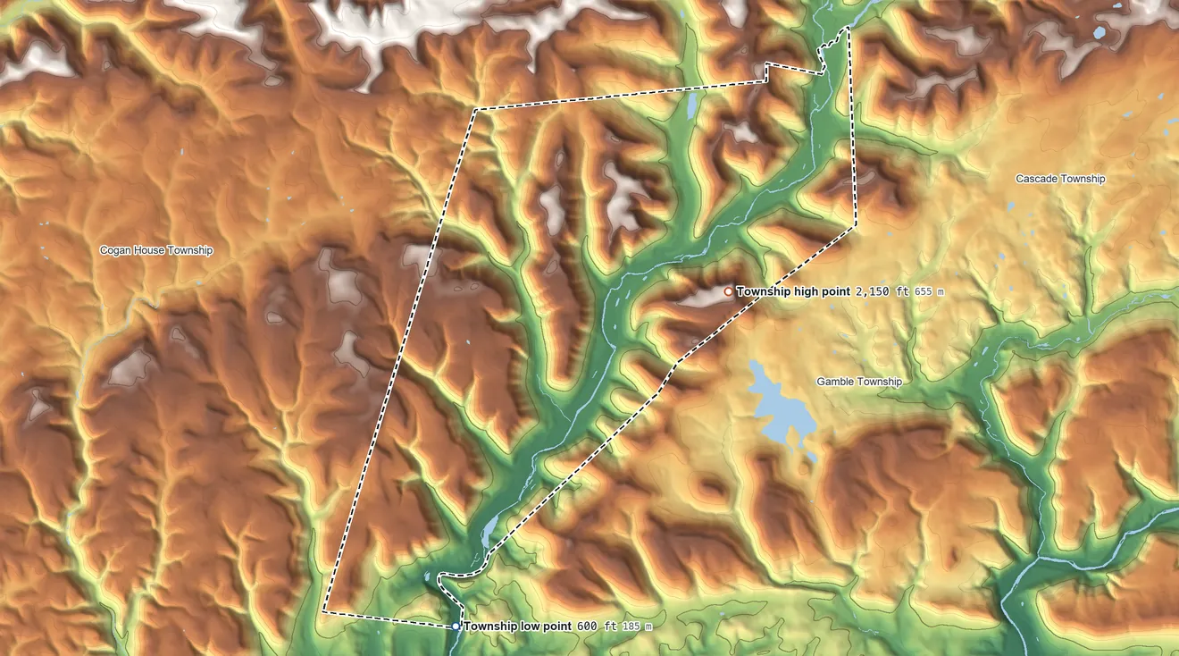 Topographic elevation map of Lewis Township, Lycoming County, Pennsylvania, shaded from 600 ft on the southwest side to 2,150 ft on the northeast side