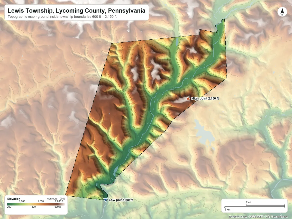 Topographic elevation map of Lewis Township, Lycoming County, Pennsylvania, shaded from 600 ft on the southwest side to 2,150 ft on the northeast side