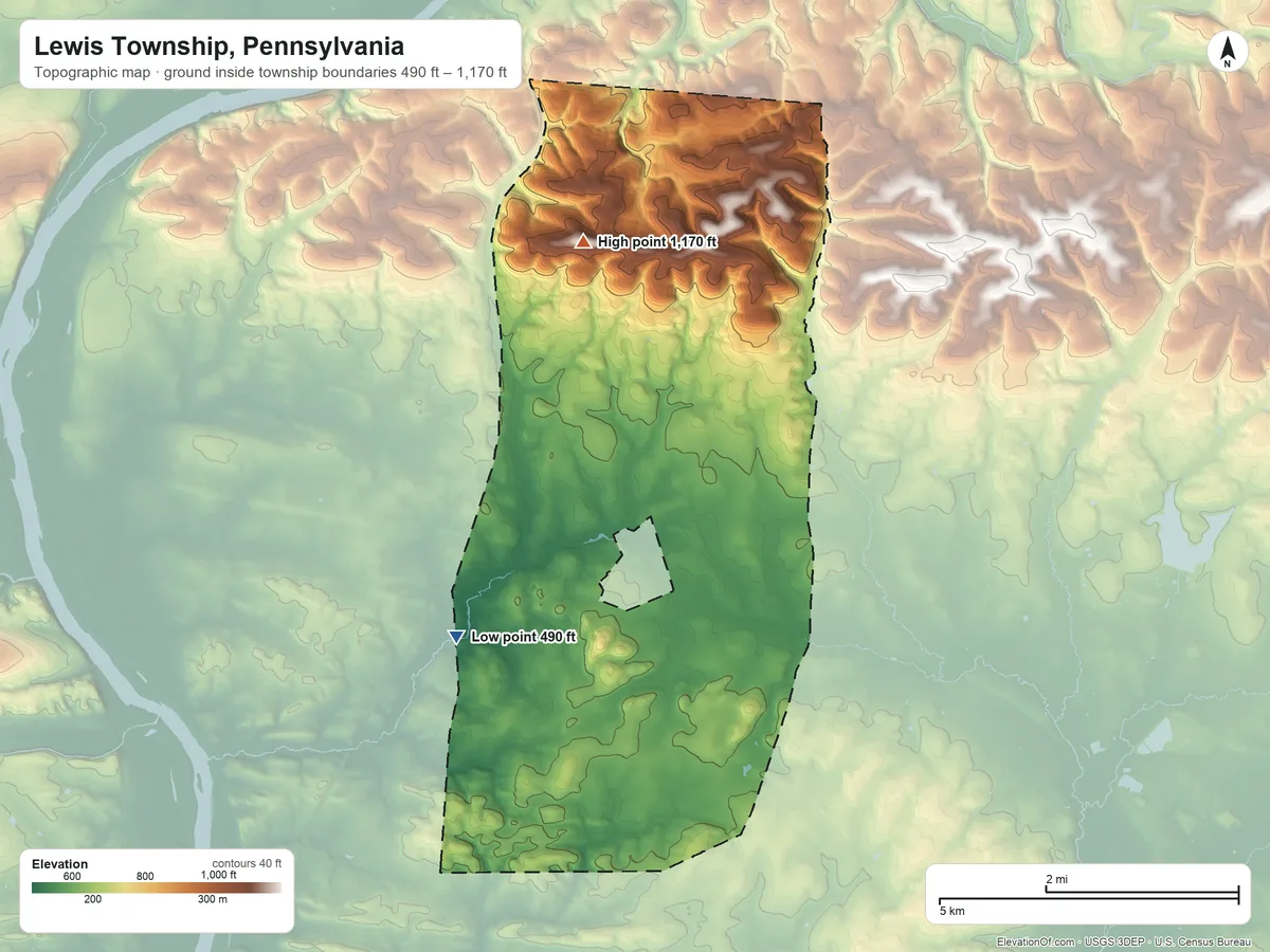 Topographic elevation map of Lewis Township, Pennsylvania, shaded from 490 ft on the southwest side to 1,170 ft on the north side