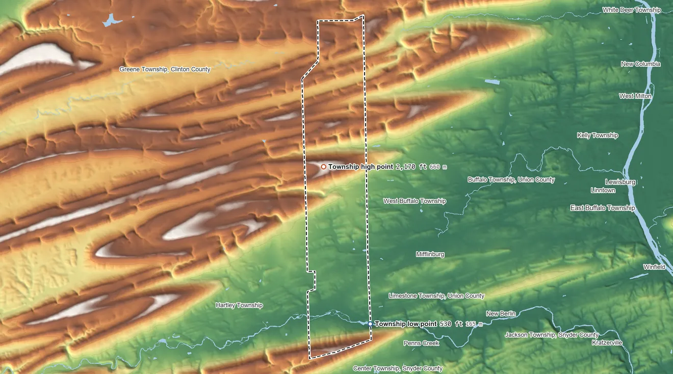 Topographic elevation map of Lewis Township, Union County, Pennsylvania, shaded from 530 ft on the southeast side to 2,170 ft on Jones Mountain