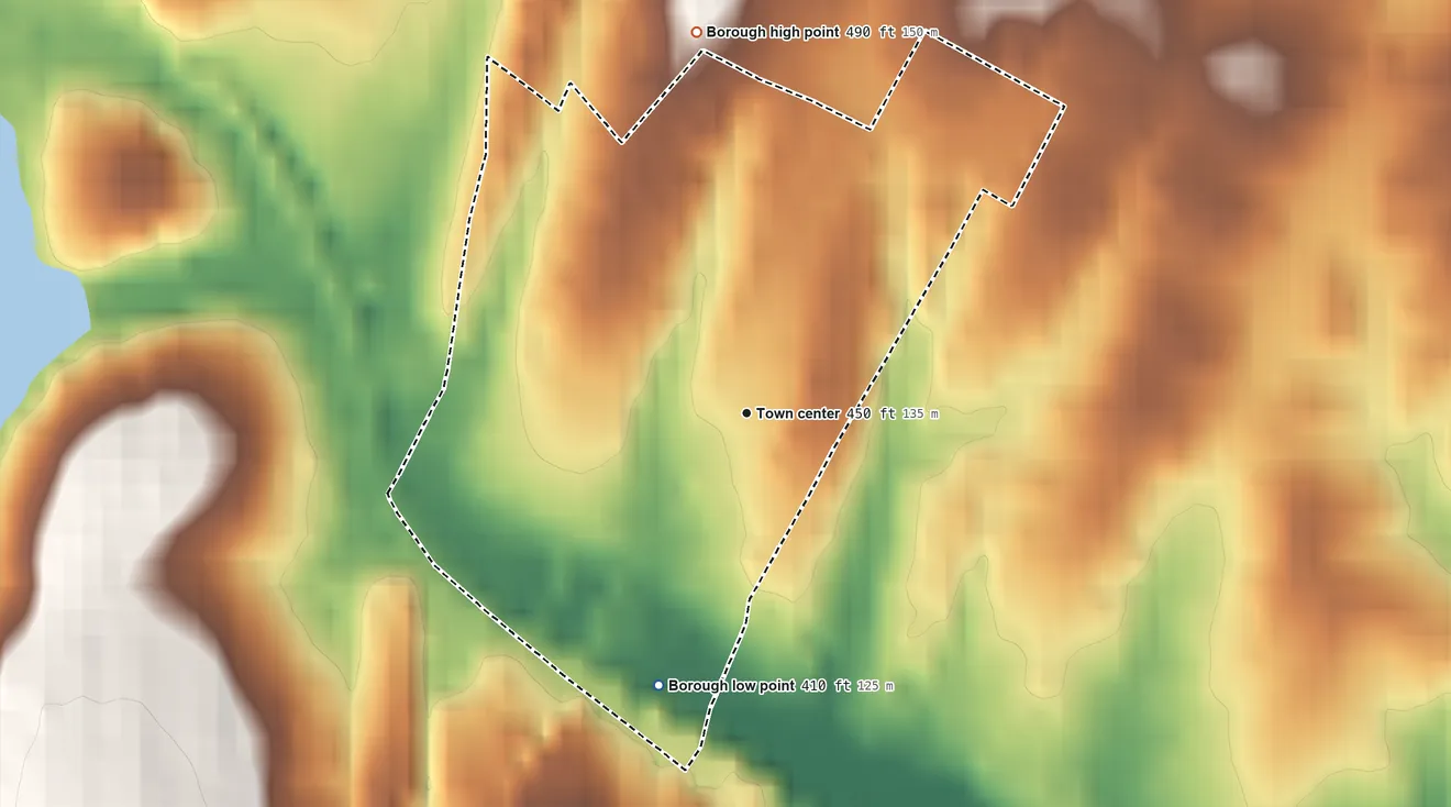 Topographic elevation map of Lewisberry, Pennsylvania, shaded from 410 ft on the south side to 490 ft at the foot of the Conewago Mountains
