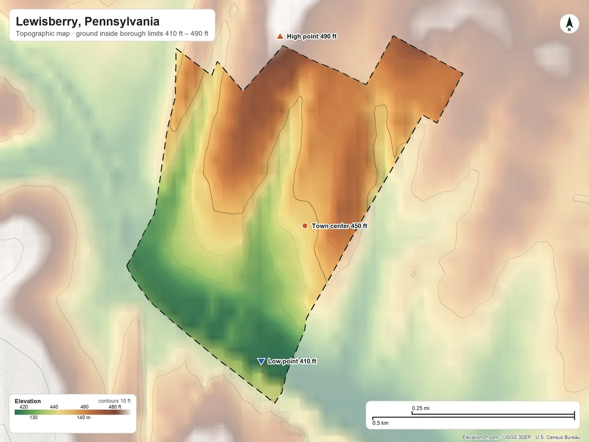 Topographic elevation map of Lewisberry, Pennsylvania, shaded from 410 ft on the south side to 490 ft at the foot of the Conewago Mountains