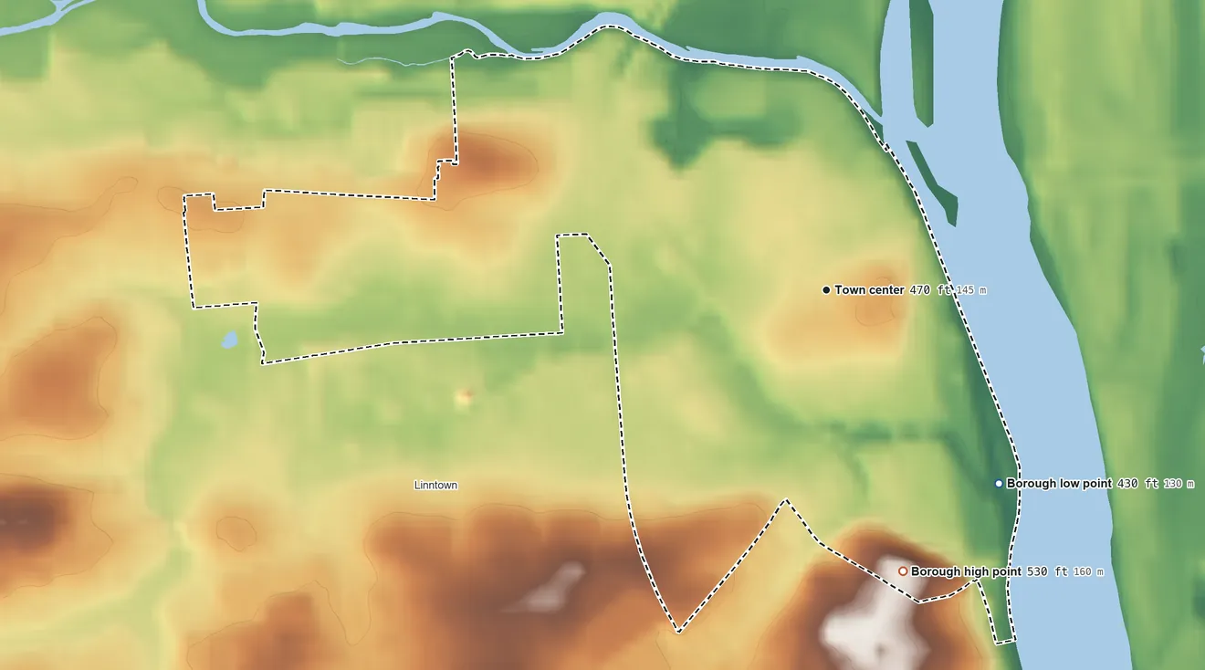 Topographic elevation map of Lewisburg, Pennsylvania, shaded from 430 ft on the southeast side to 530 ft on the south side