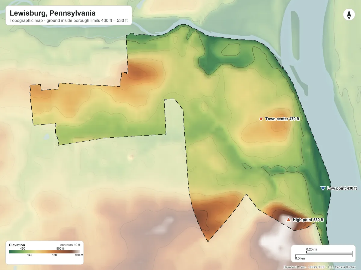 Topographic elevation map of Lewisburg, Pennsylvania, shaded from 430 ft on the southeast side to 530 ft on the south side