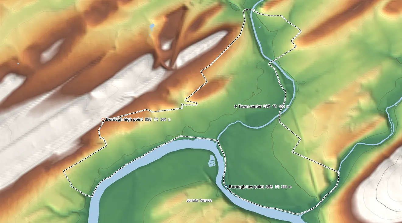Topographic elevation map of Lewistown, Pennsylvania, shaded from 450 ft on the south side to 850 ft on the west side