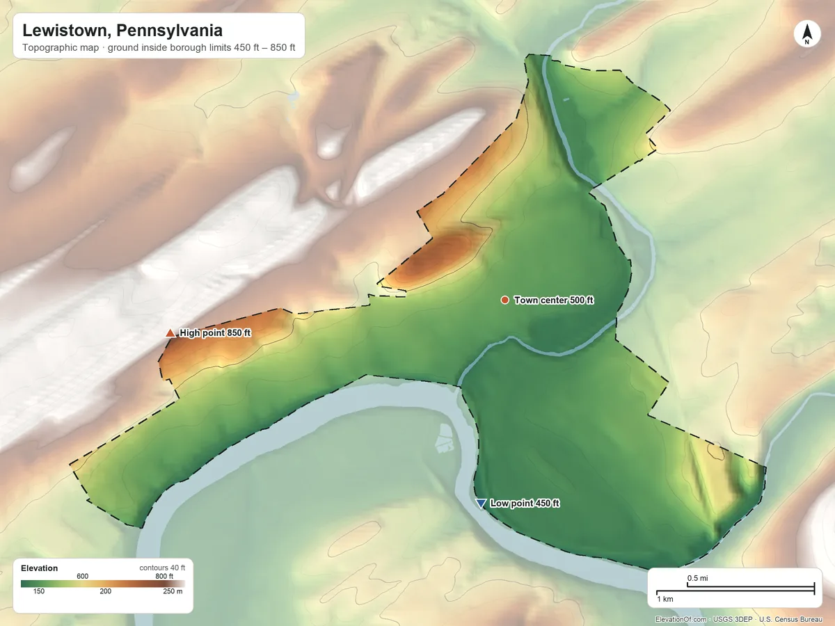 Topographic elevation map of Lewistown, Pennsylvania, shaded from 450 ft on the south side to 850 ft on the west side