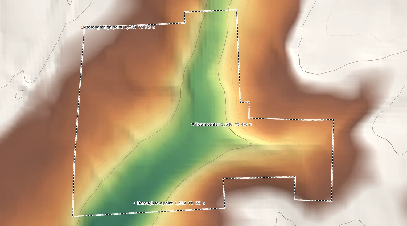 Topographic elevation map of Liberty, Tioga County, Pennsylvania, shaded from 1,510 ft on the southwest side to 1,780 ft on the northwest side