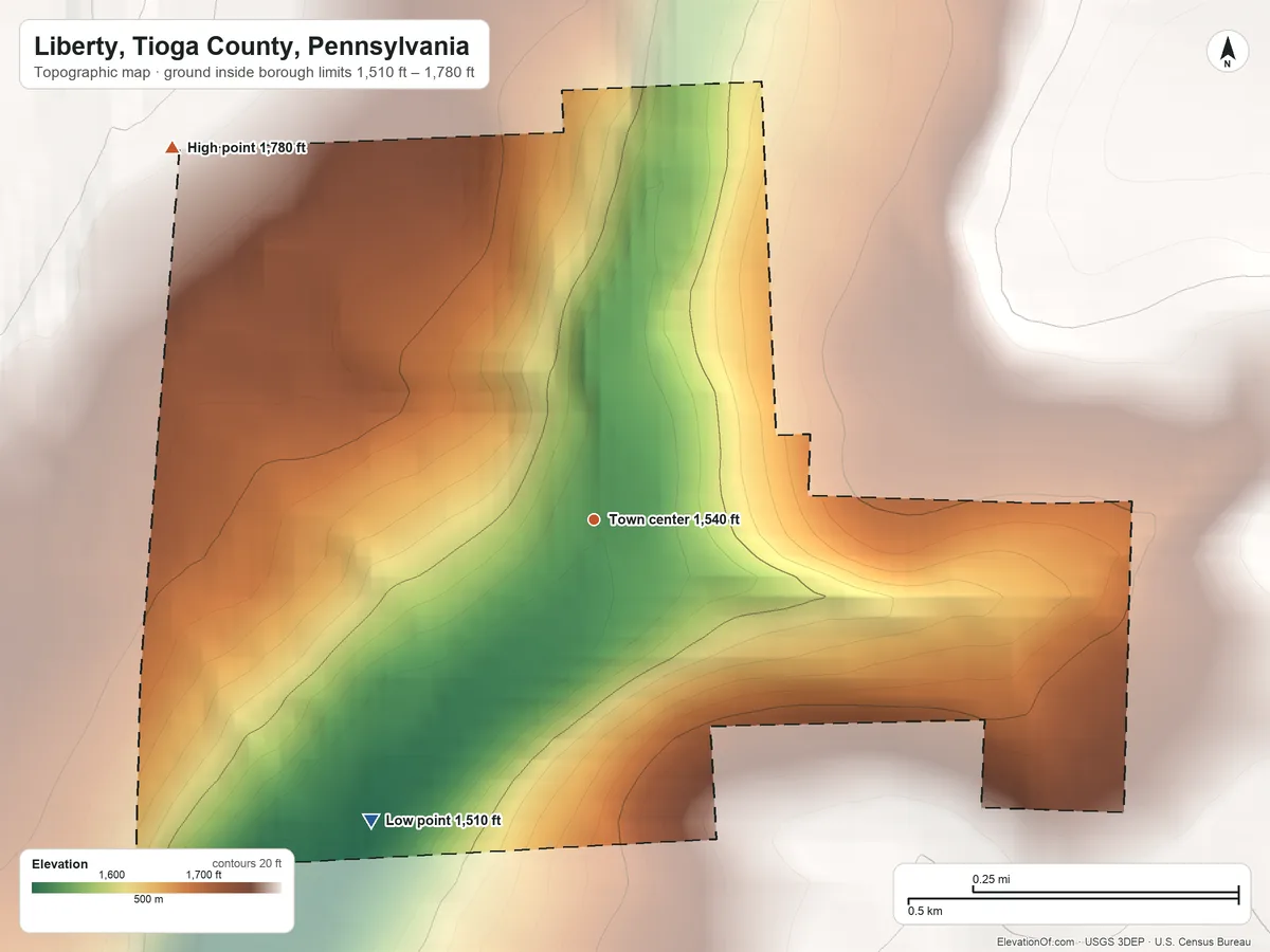 Topographic elevation map of Liberty, Tioga County, Pennsylvania, shaded from 1,510 ft on the southwest side to 1,780 ft on the northwest side