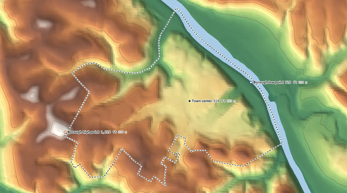 Topographic elevation map of Liberty, Pennsylvania, shaded from 720 ft on the east side to 1,220 ft on the west side
