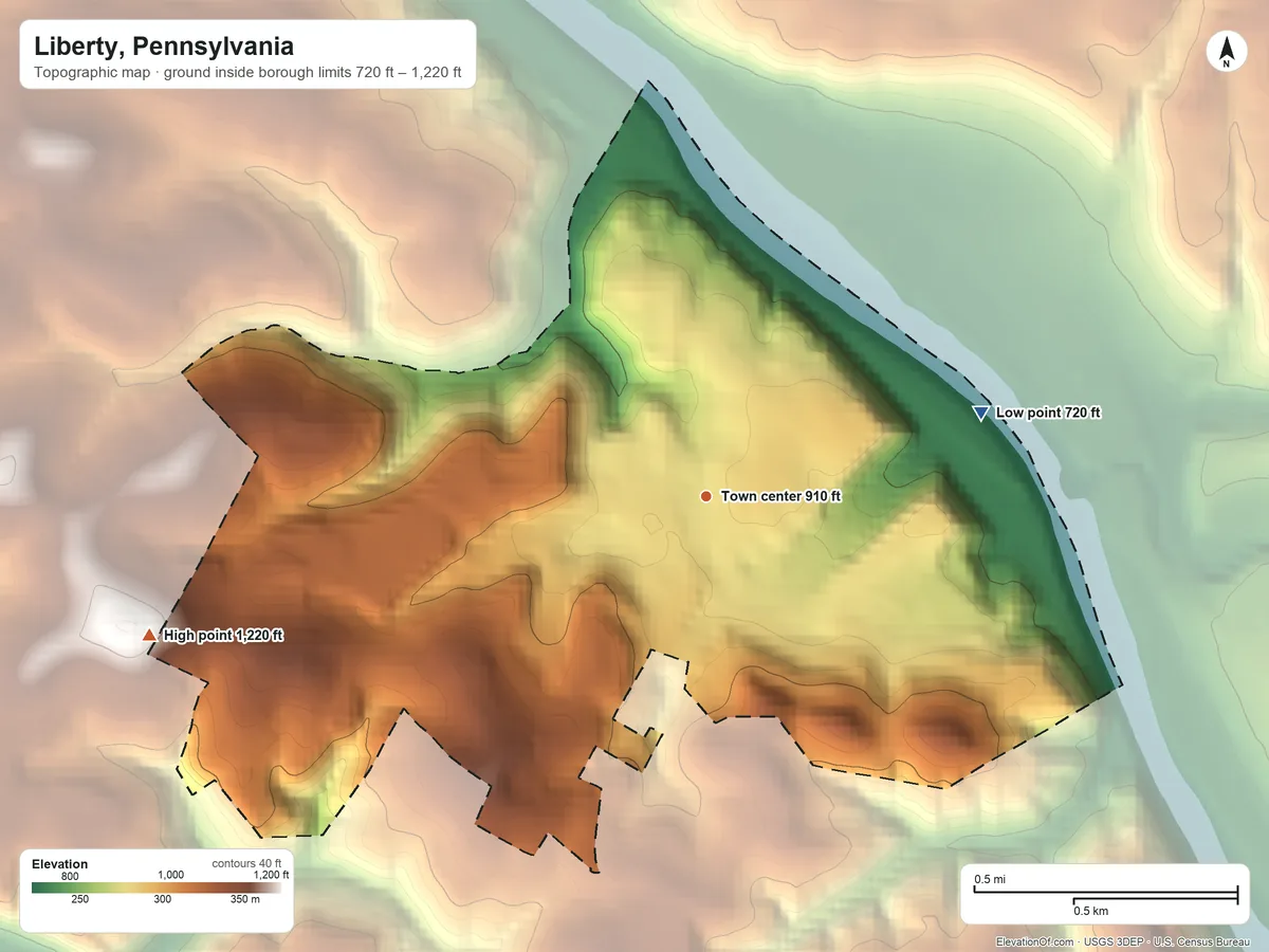 Topographic elevation map of Liberty, Pennsylvania, shaded from 720 ft on the east side to 1,220 ft on the west side