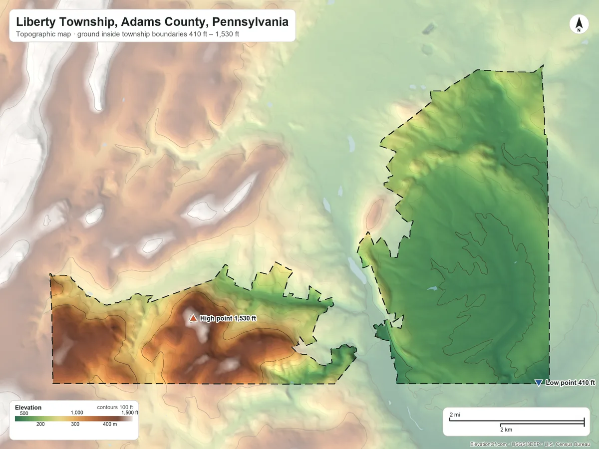 Topographic elevation map of Liberty Township, Adams County, Pennsylvania, shaded from 410 ft on the southeast side to 1,530 ft on Raven Rock Mountain