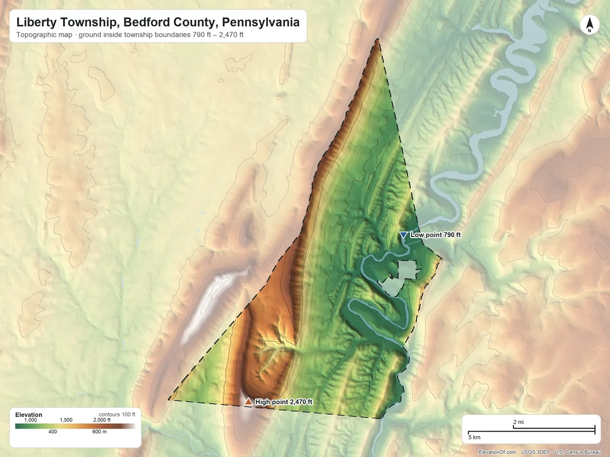 Topographic elevation map of Liberty Township, Bedford County, Pennsylvania, shaded from 790 ft near the middle to 2,470 ft on Coot Hill