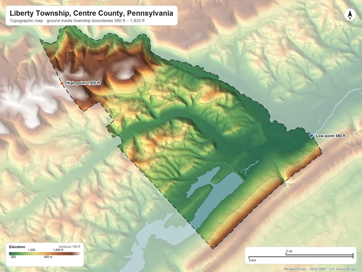 Topographic elevation map of Liberty Township, Centre County, Pennsylvania, shaded from 580 ft on the east side to 1,920 ft on the west side
