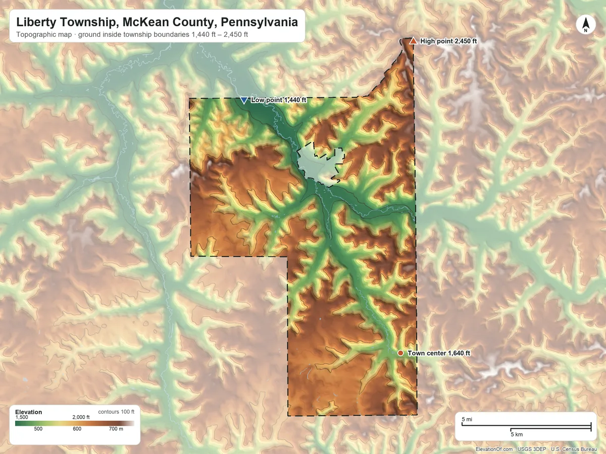 Topographic elevation map of Liberty Township, McKean County, Pennsylvania, shaded from 1,440 ft on the northwest side to 2,450 ft on the north side