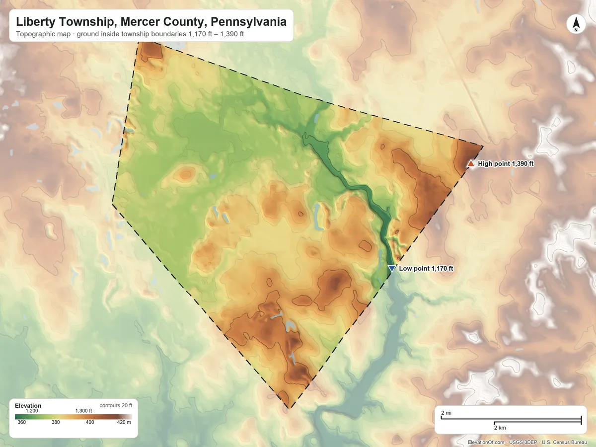 Topographic elevation map of Liberty Township, Mercer County, Pennsylvania, shaded from 1,170 ft on the southeast side to 1,390 ft on the east side