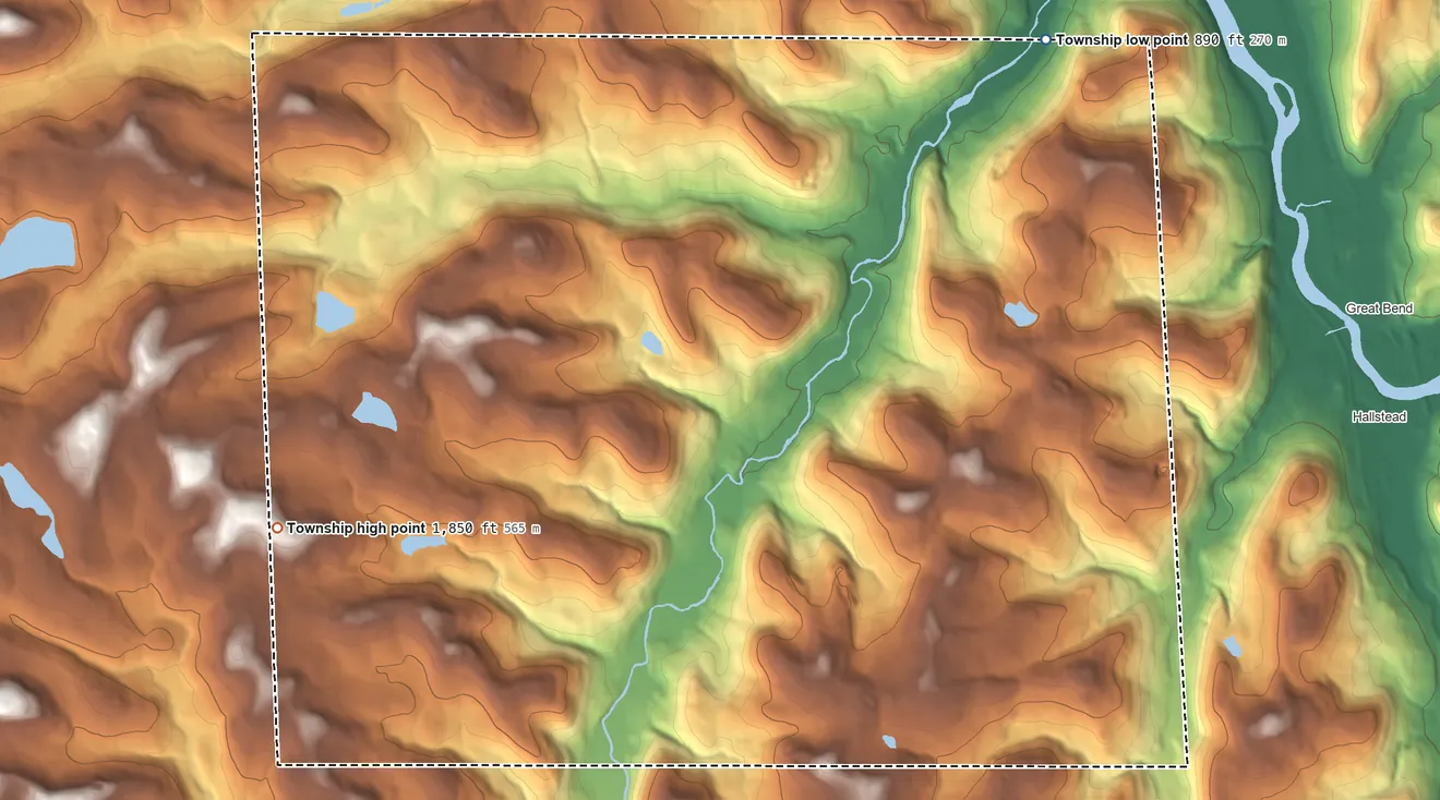 Topographic elevation map of Liberty Township, Susquehanna County, Pennsylvania, shaded from 890 ft on the northeast side to 1,850 ft on the west side