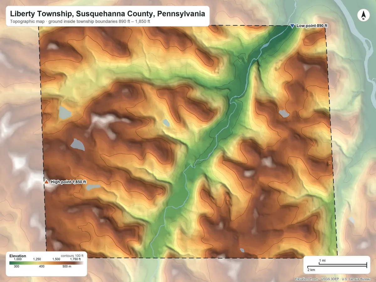 Topographic elevation map of Liberty Township, Susquehanna County, Pennsylvania, shaded from 890 ft on the northeast side to 1,850 ft on the west side